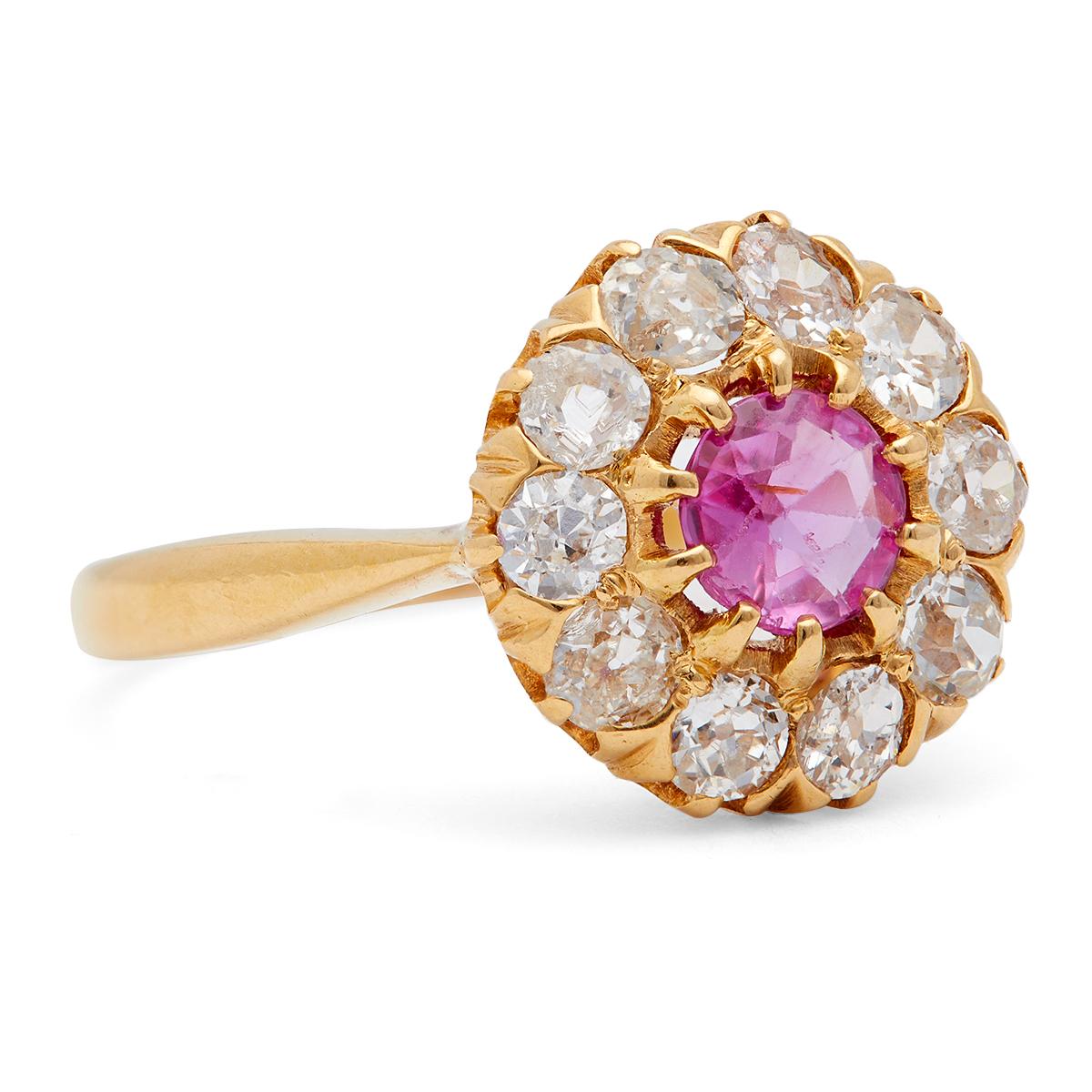 Women's or Men's Edwardian Pink Sapphire Diamond 18k Yellow Gold Cluster Ring