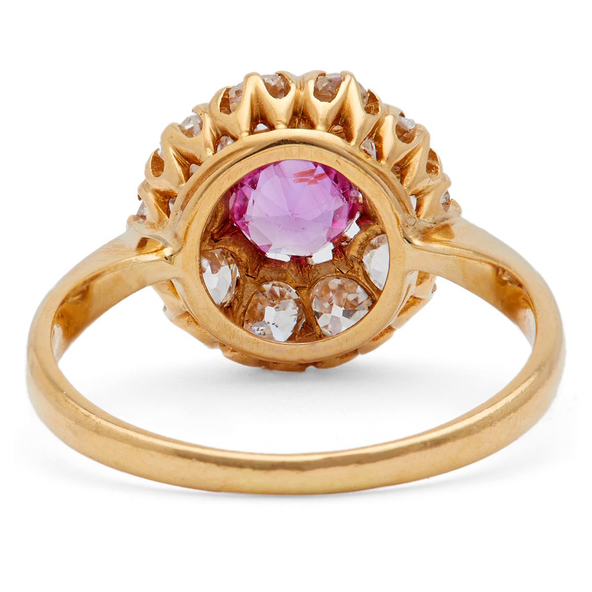 Edwardian Pink Sapphire Diamond 18k Yellow Gold Cluster Ring 1