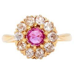 Edwardian Pink Sapphire Diamond 18k Yellow Gold Cluster Ring