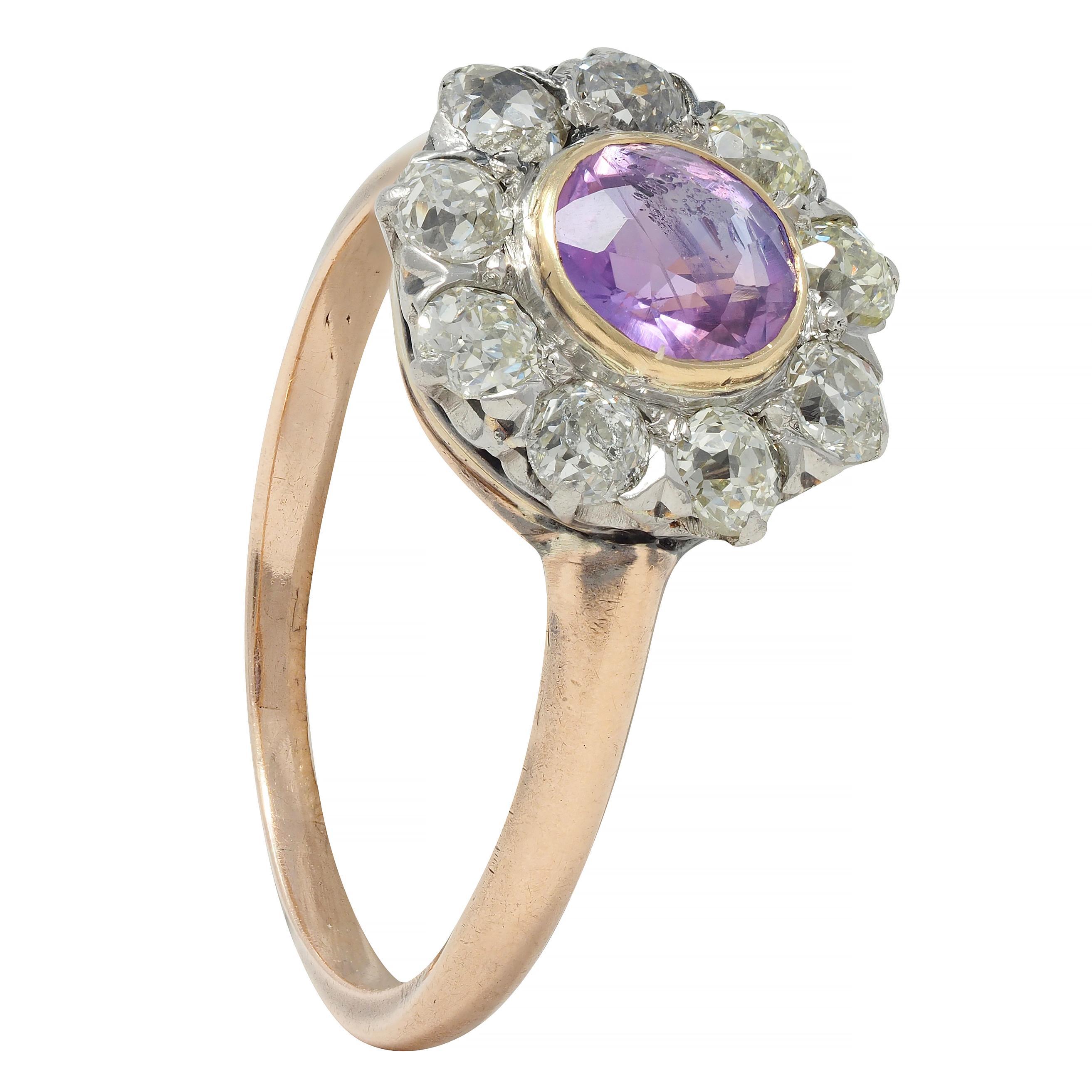 Edwardian Pink Sapphire Diamond Platinum 18 Karat Gold Antique Halo Cluster Ring For Sale 5
