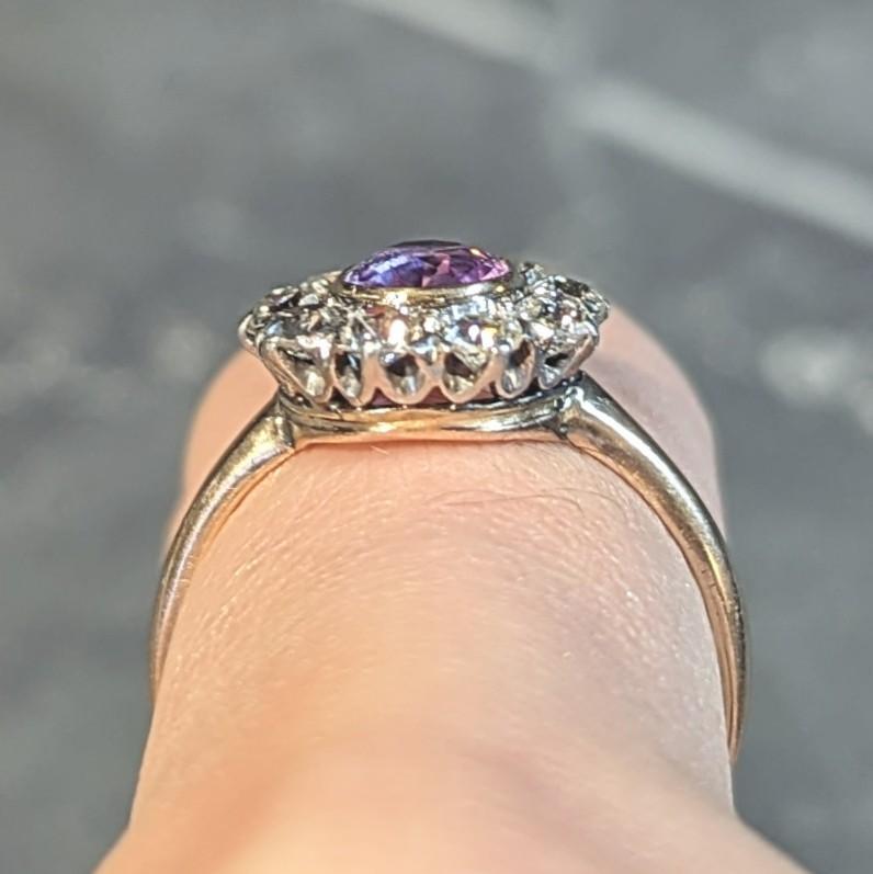 Edwardian Pink Sapphire Diamond Platinum 18 Karat Gold Antique Halo Cluster Ring For Sale 6