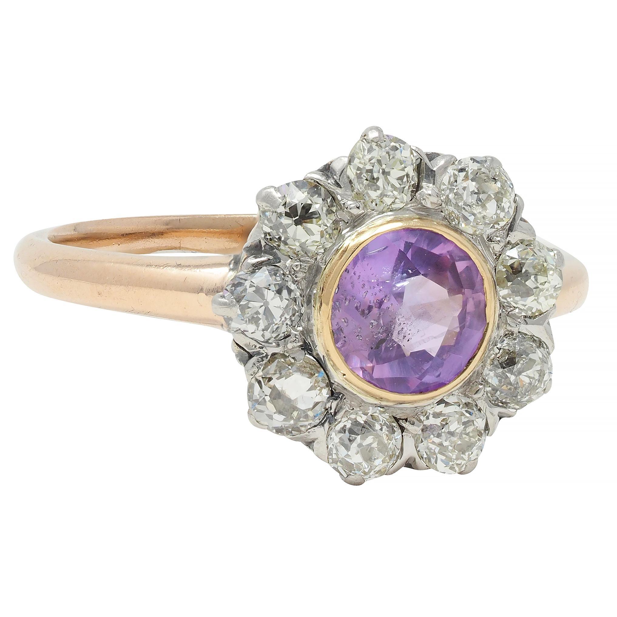 Round Cut Edwardian Pink Sapphire Diamond Platinum 18 Karat Gold Antique Halo Cluster Ring For Sale