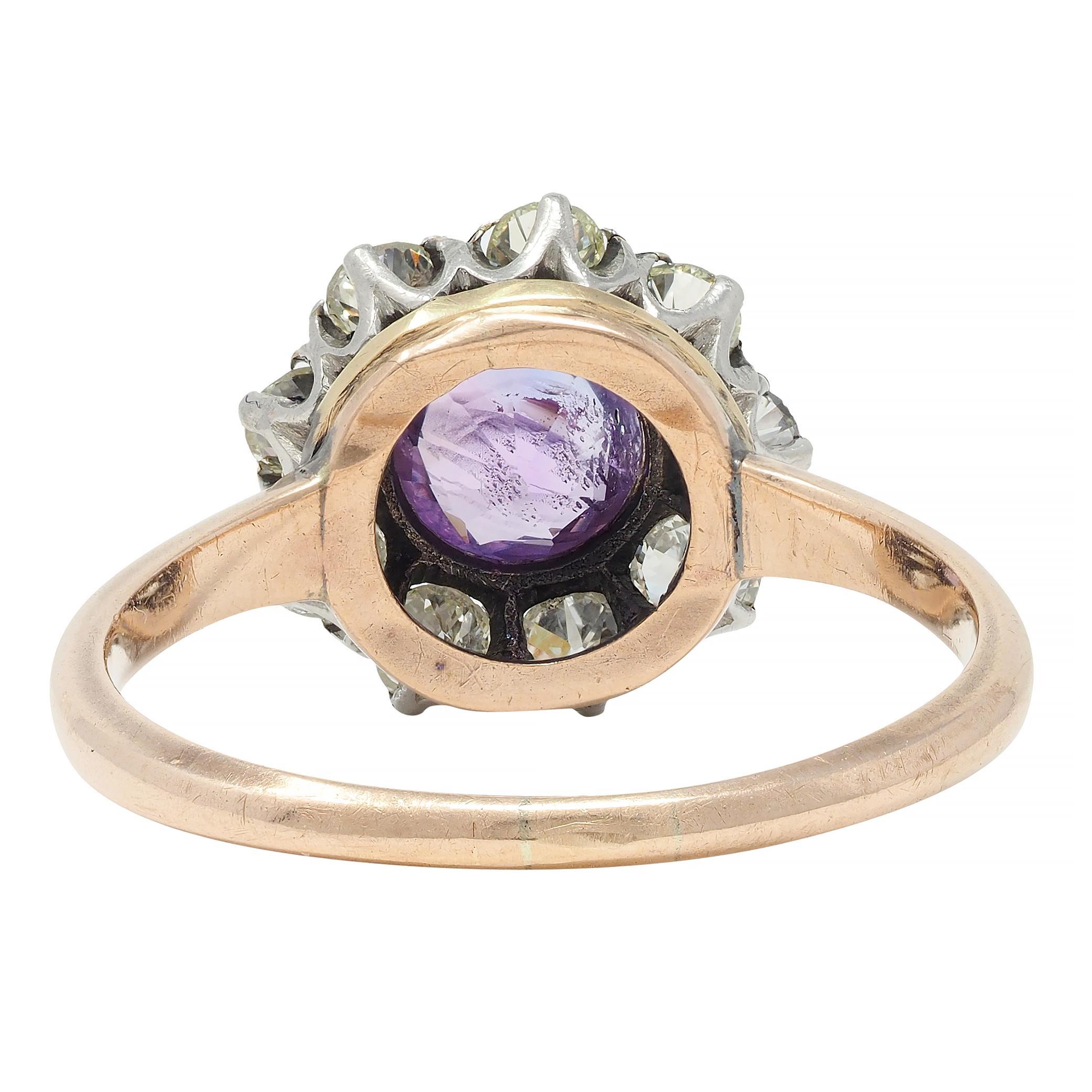 Women's Edwardian Pink Sapphire Diamond Platinum 18 Karat Gold Antique Halo Cluster Ring For Sale