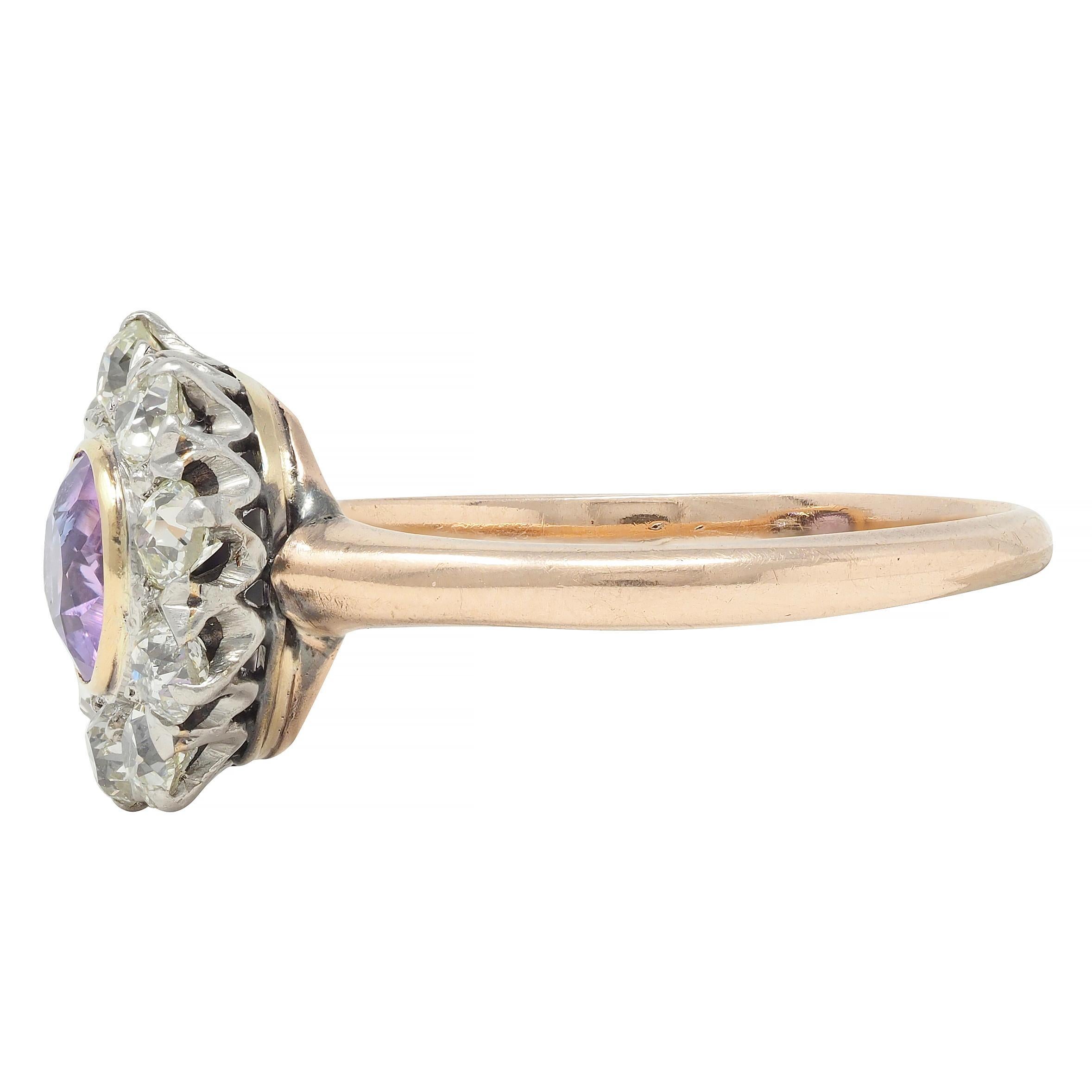 Edwardian Pink Sapphire Diamond Platinum 18 Karat Gold Antique Halo Cluster Ring For Sale 1