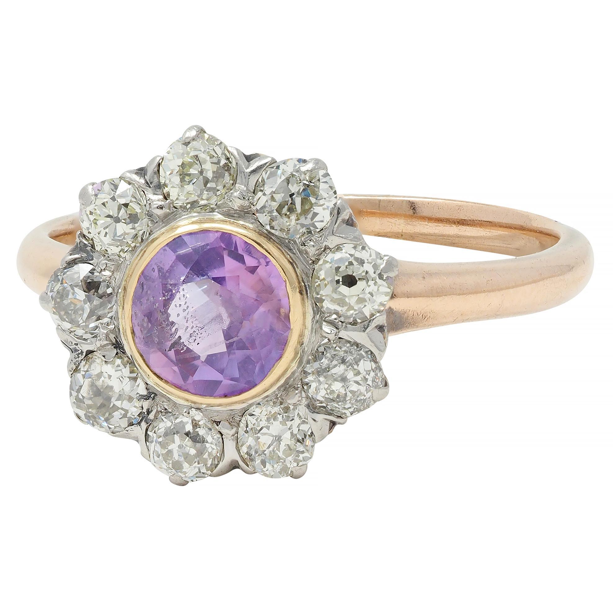 Edwardian Pink Sapphire Diamond Platinum 18 Karat Gold Antique Halo Cluster Ring For Sale 2