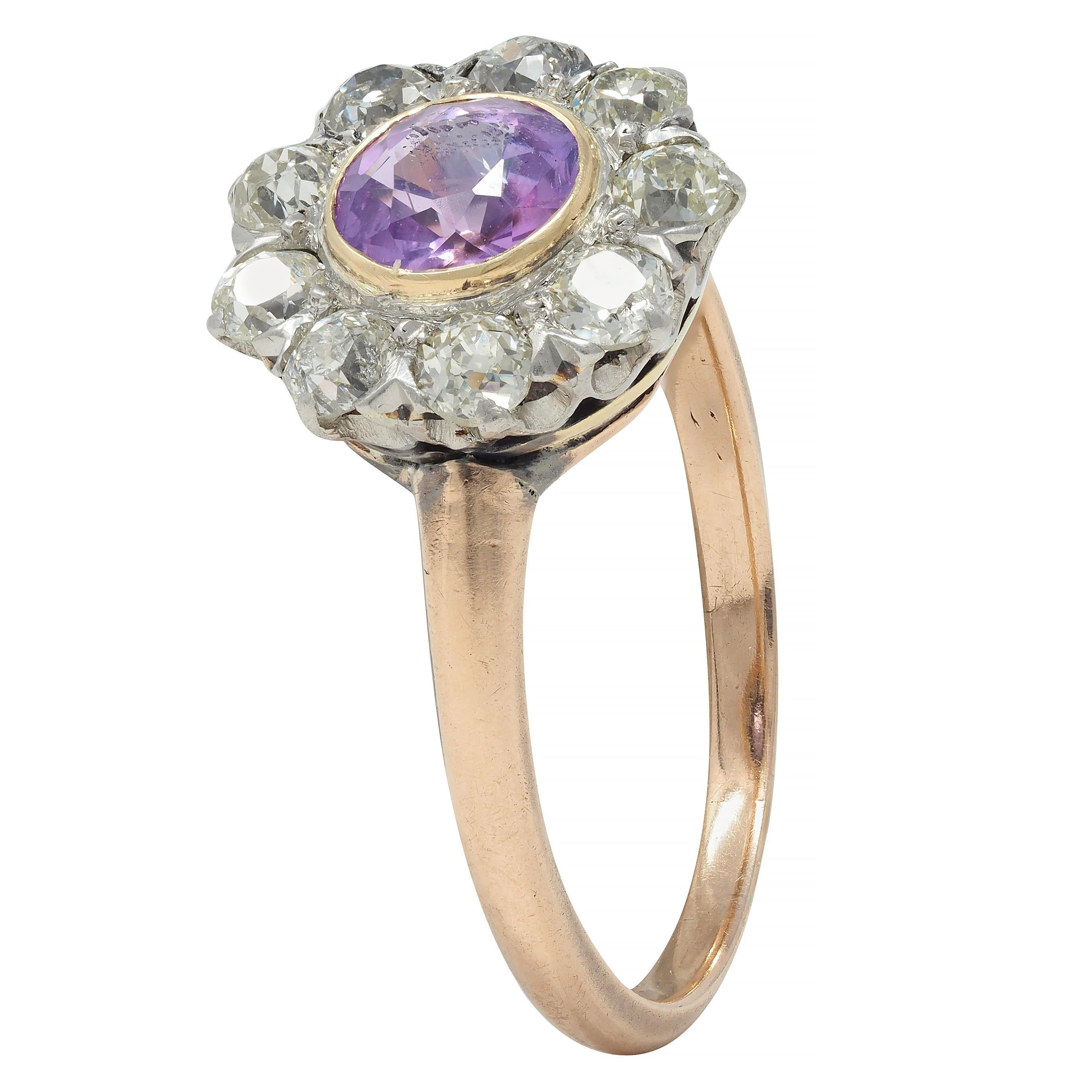 Edwardian Pink Sapphire Diamond Platinum 18 Karat Gold Antique Halo Cluster Ring For Sale 3