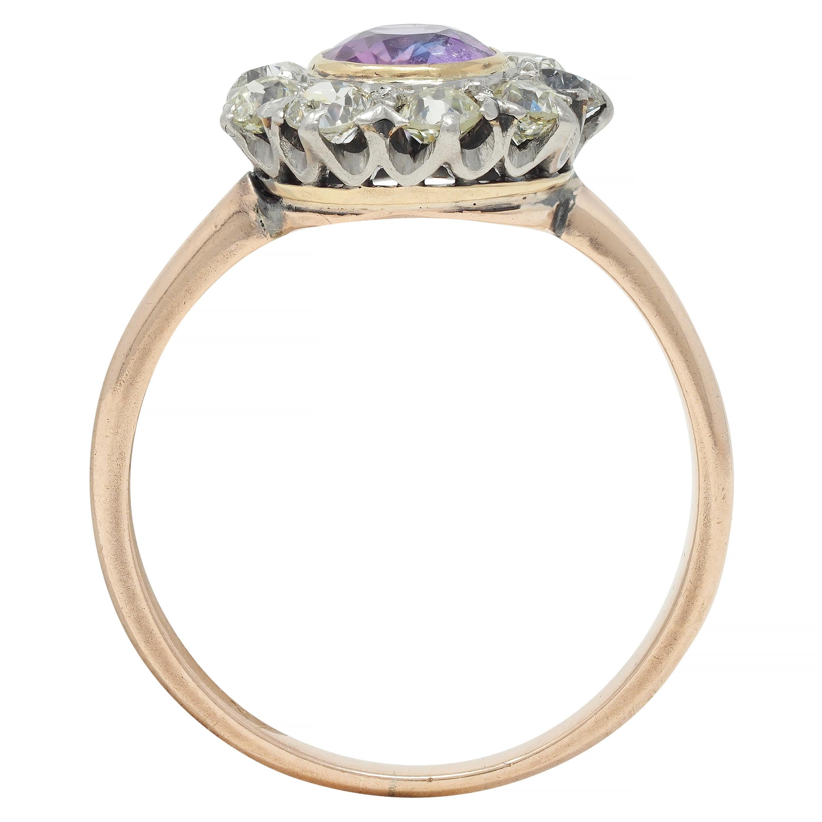 Edwardian Pink Sapphire Diamond Platinum 18 Karat Gold Antique Halo Cluster Ring For Sale 4