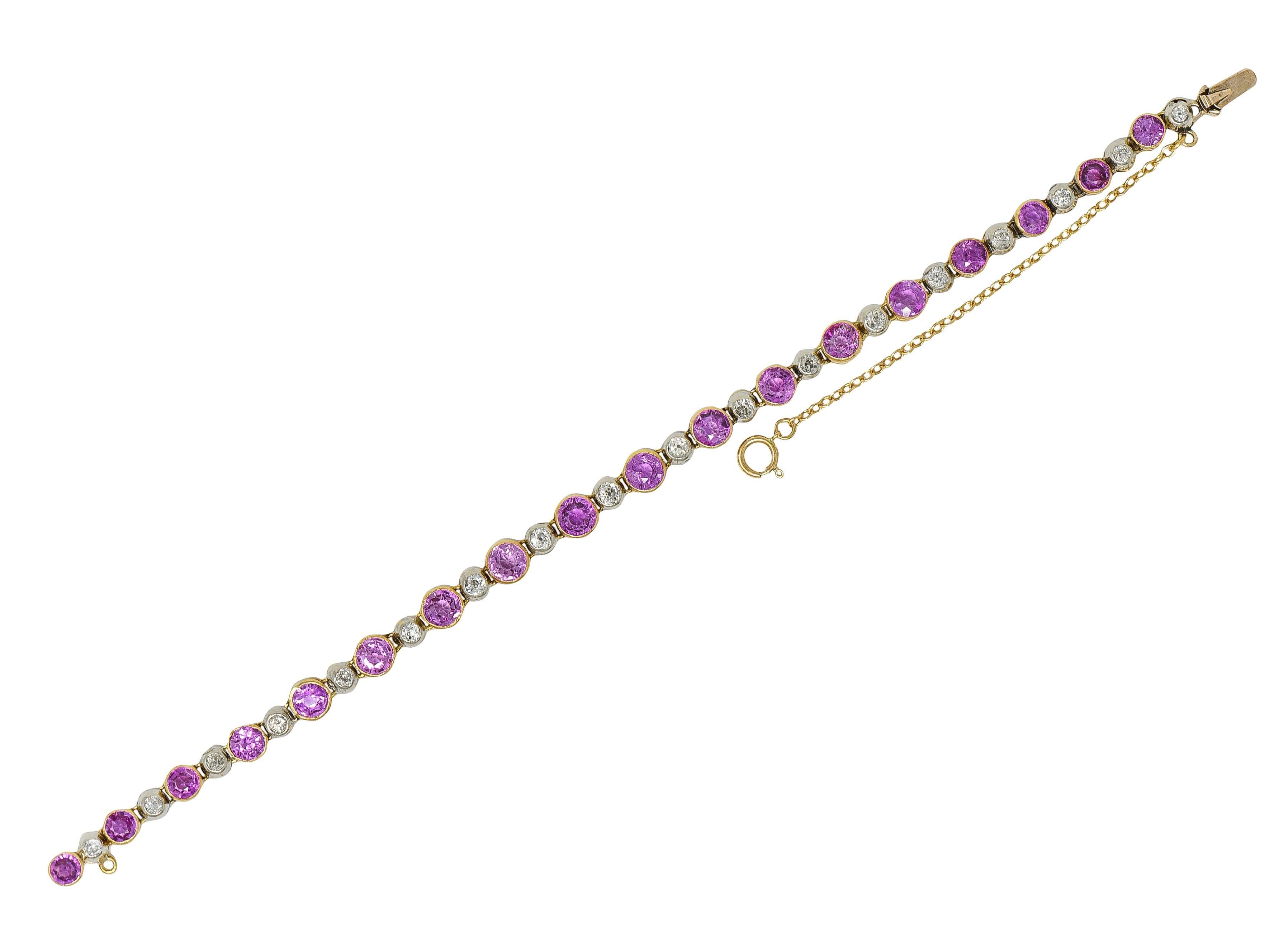 Édouardien Bracelet Edouardien Ligne Antique Saphir Rose Diamant Platine Or Jaune 18K en vente