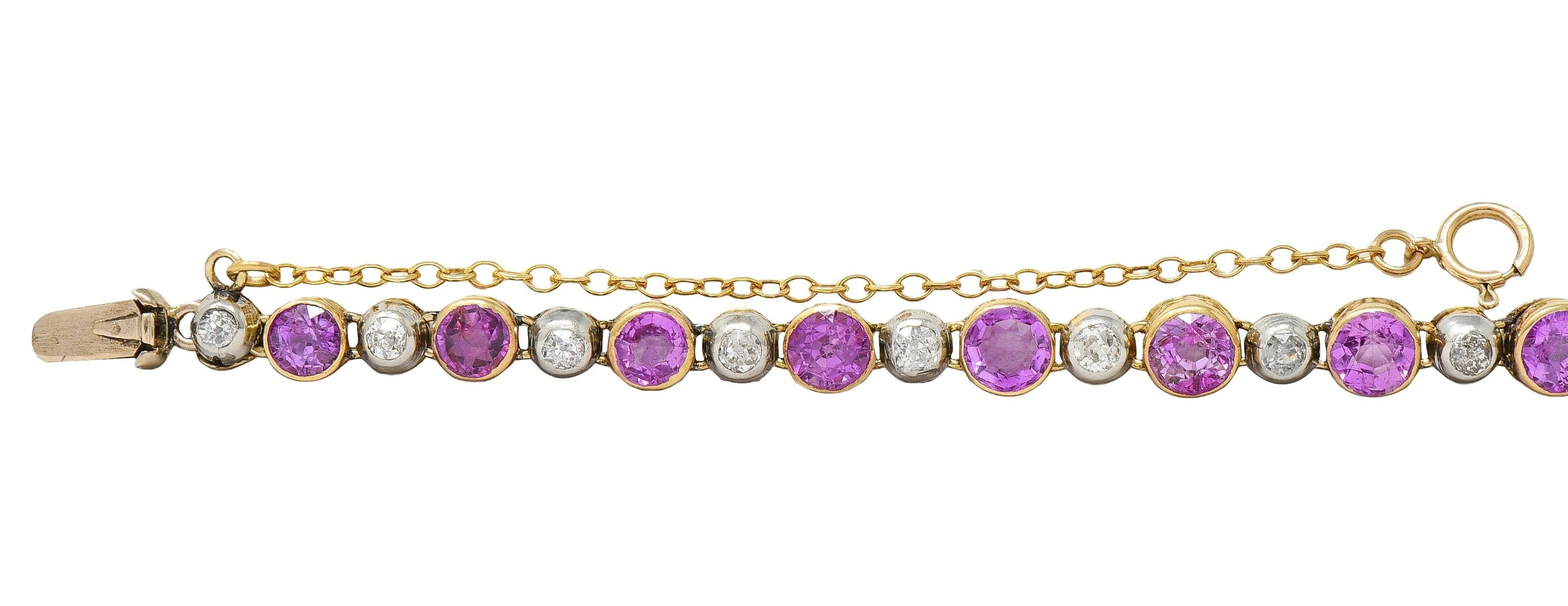 Taille ronde Bracelet Edouardien Ligne Antique Saphir Rose Diamant Platine Or Jaune 18K en vente