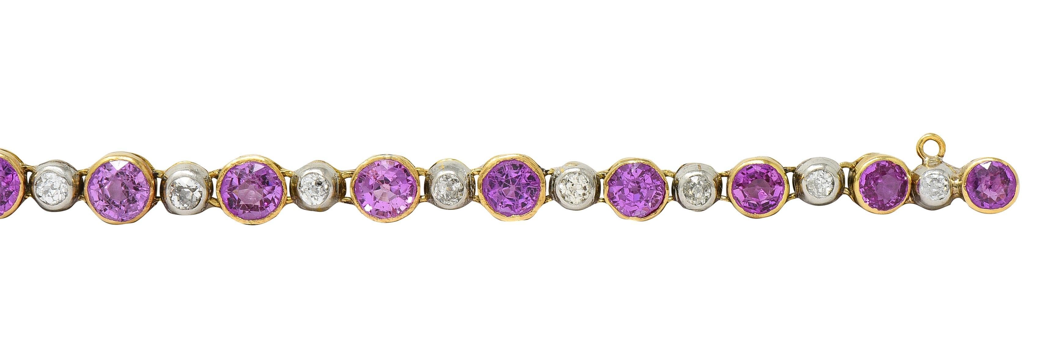 Bracelet Edouardien Ligne Antique Saphir Rose Diamant Platine Or Jaune 18K Excellent état - En vente à Philadelphia, PA