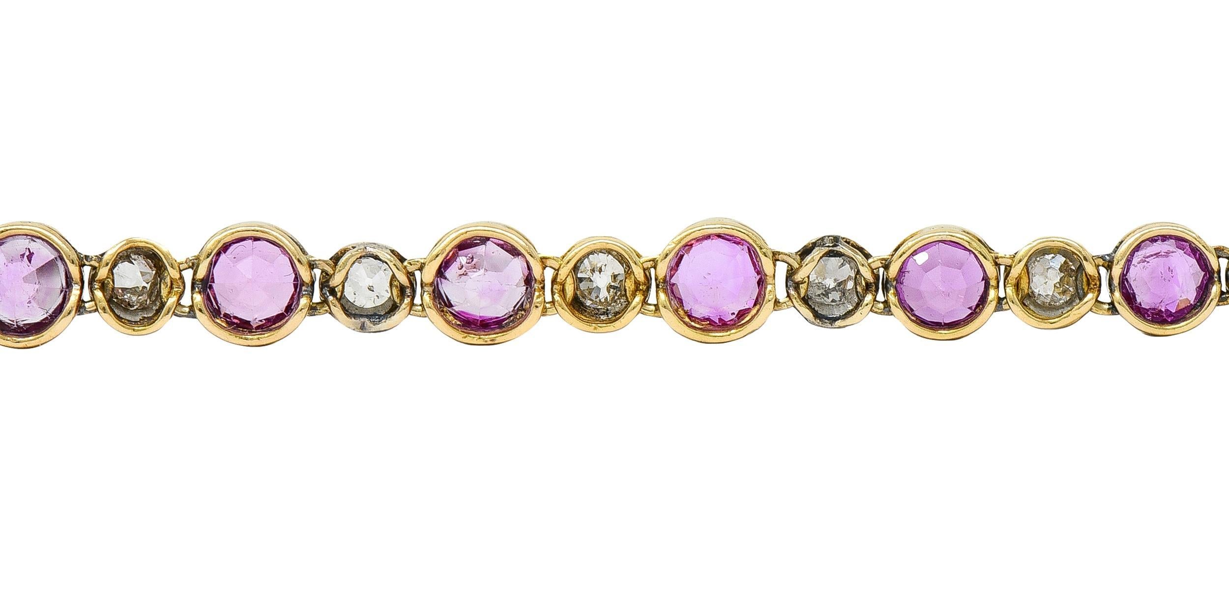 Bracelet Edouardien Ligne Antique Saphir Rose Diamant Platine Or Jaune 18K Pour femmes en vente