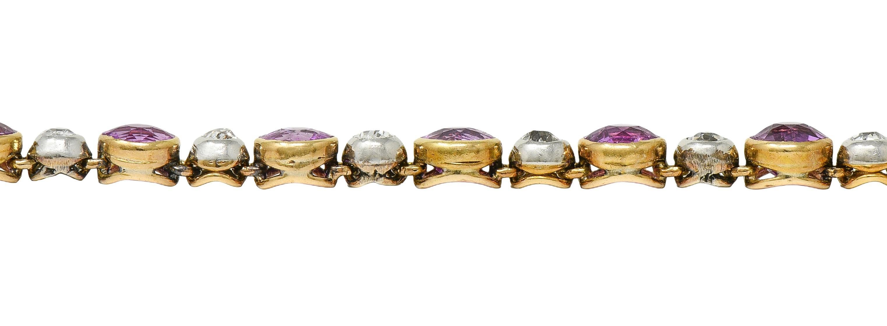 Bracelet Edouardien Ligne Antique Saphir Rose Diamant Platine Or Jaune 18K en vente 1