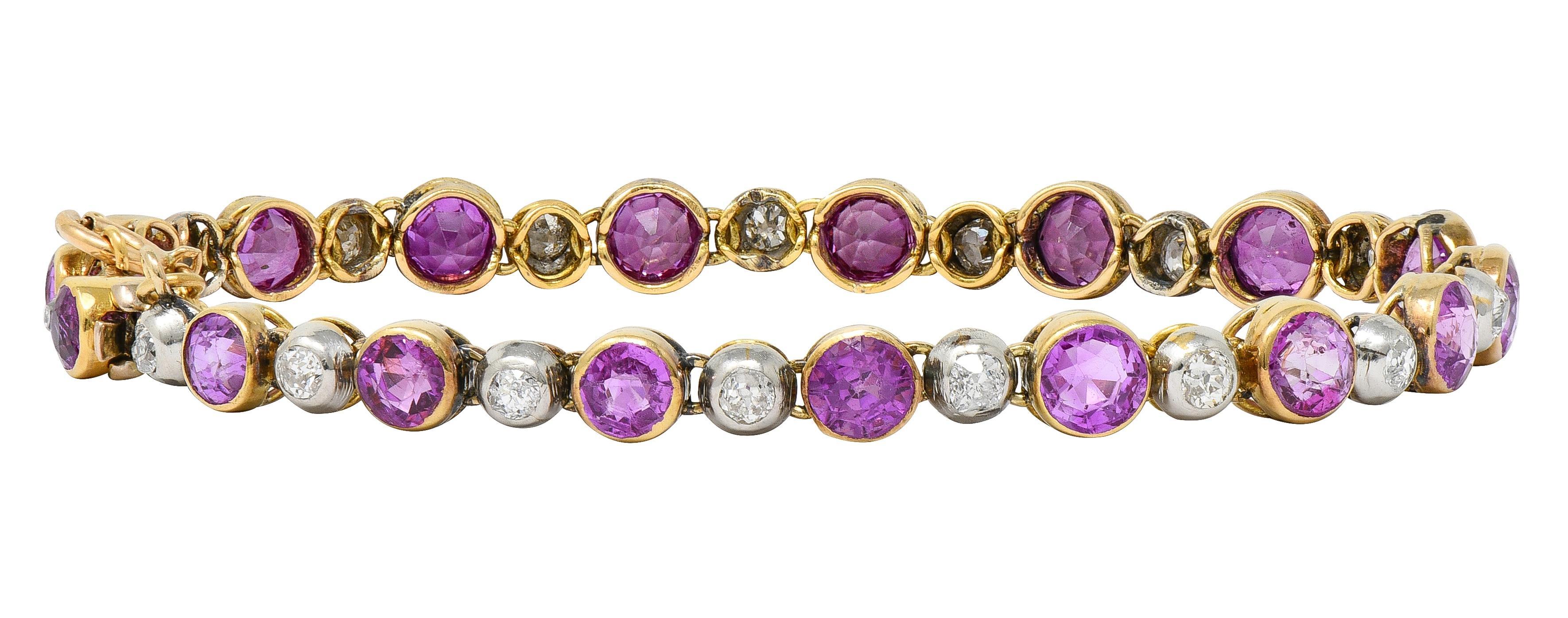 Bracelet Edouardien Ligne Antique Saphir Rose Diamant Platine Or Jaune 18K en vente 2