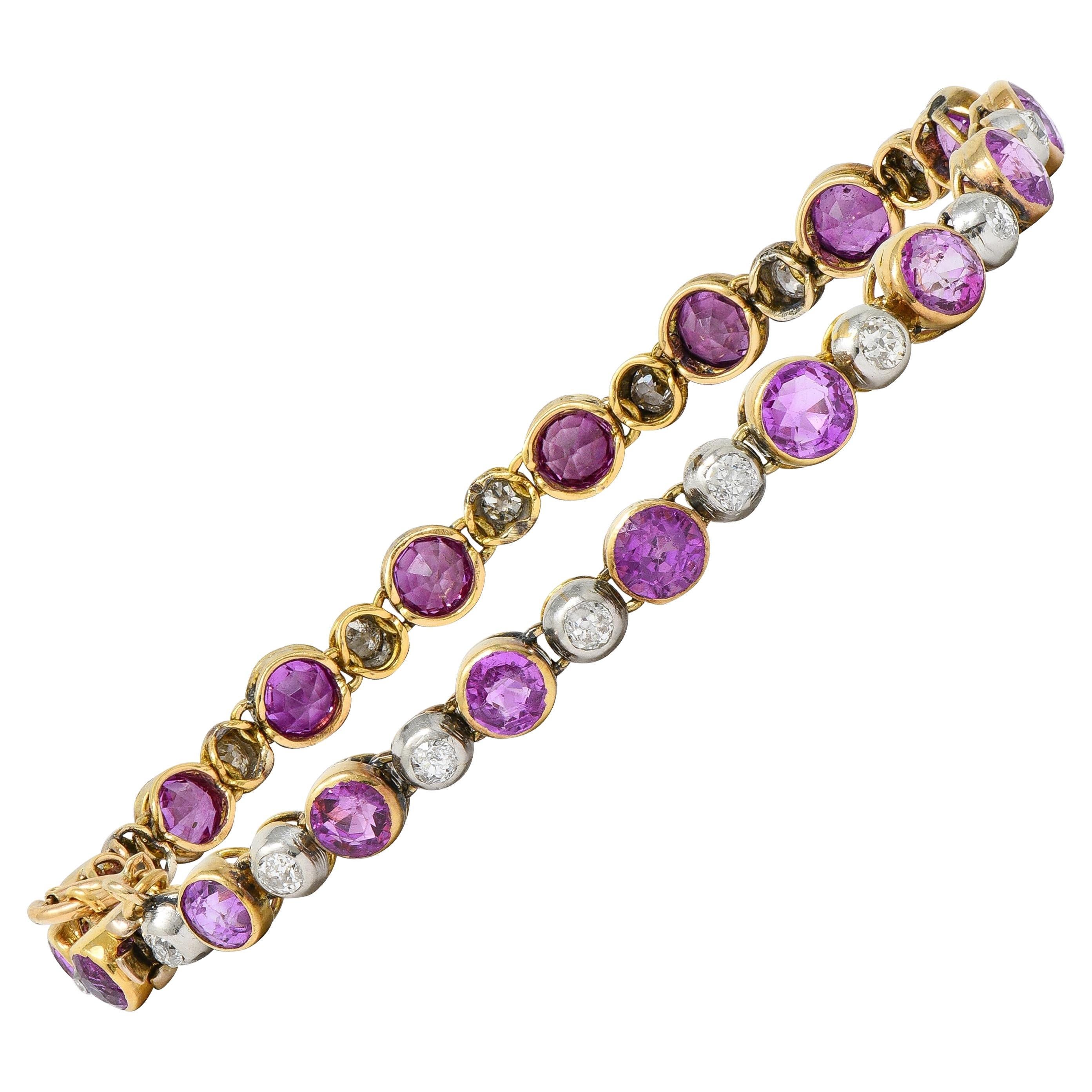 Bracelet Edouardien Ligne Antique Saphir Rose Diamant Platine Or Jaune 18K