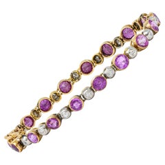 Edwardian Zafiro Rosa Diamante Platino Oro Amarillo 18K Pulsera Línea Antigua