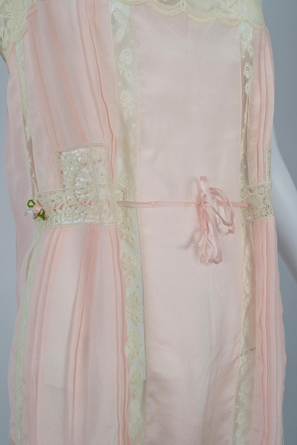 Women's Edwardian Bridal Trousseau Pink Silk Pintuck Step-In Romper Teddy - L, 1910s