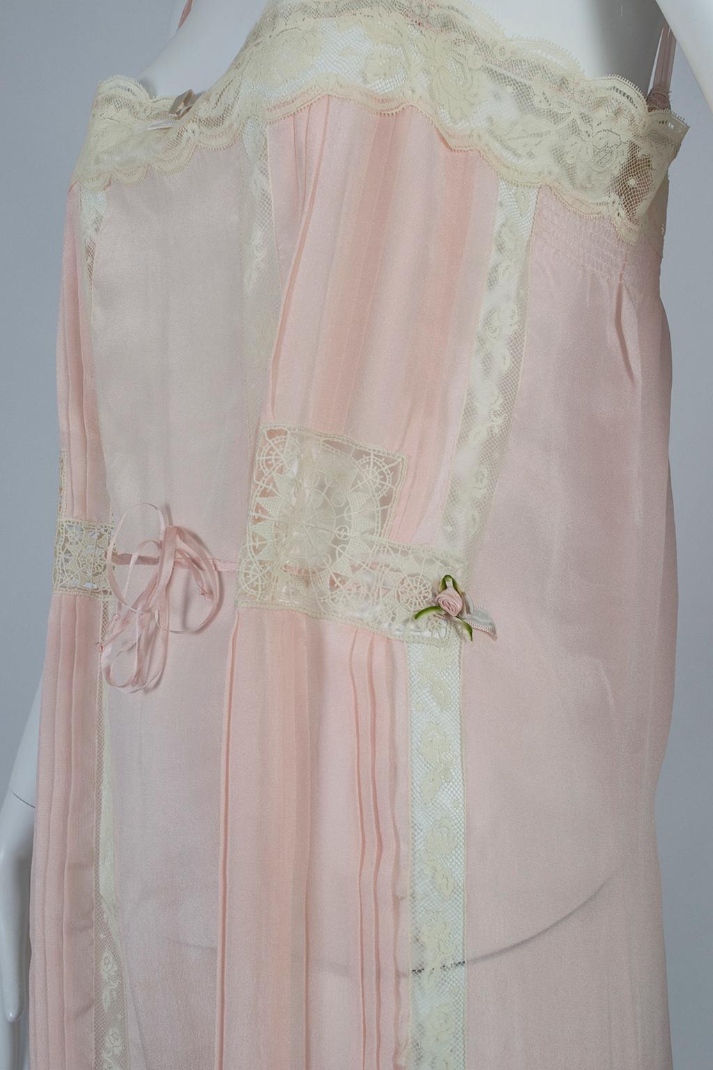 Edwardian Bridal Trousseau Pink Silk Pintuck Step-In Romper Teddy - L, 1910s 1