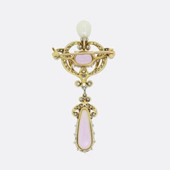Edwardian Pink Topaz Pearl and Diamond Drop Brooch Pendant