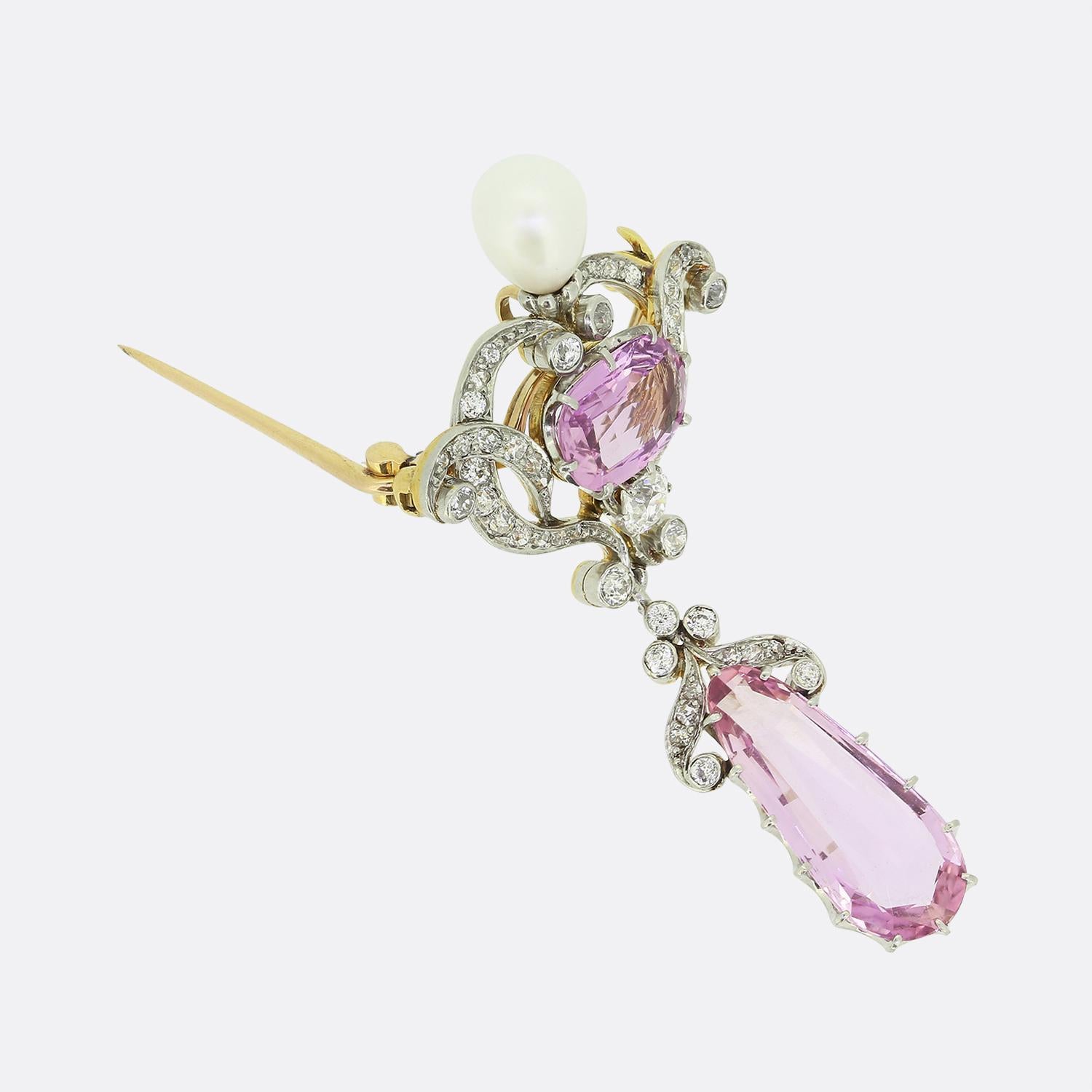 Old Mine Cut Edwardian Pink Topaz Pearl and Diamond Drop Brooch Pendant For Sale