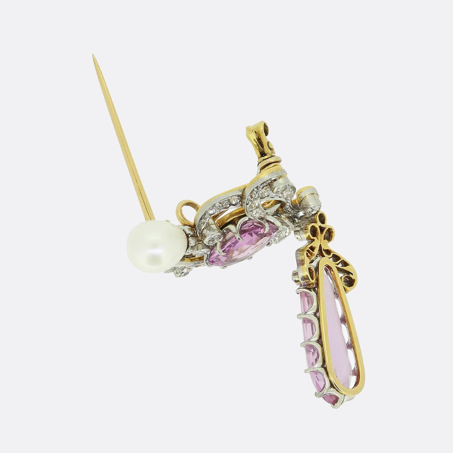 Edwardian Pink Topaz Pearl and Diamond Drop Brooch Pendant In Good Condition For Sale In London, GB