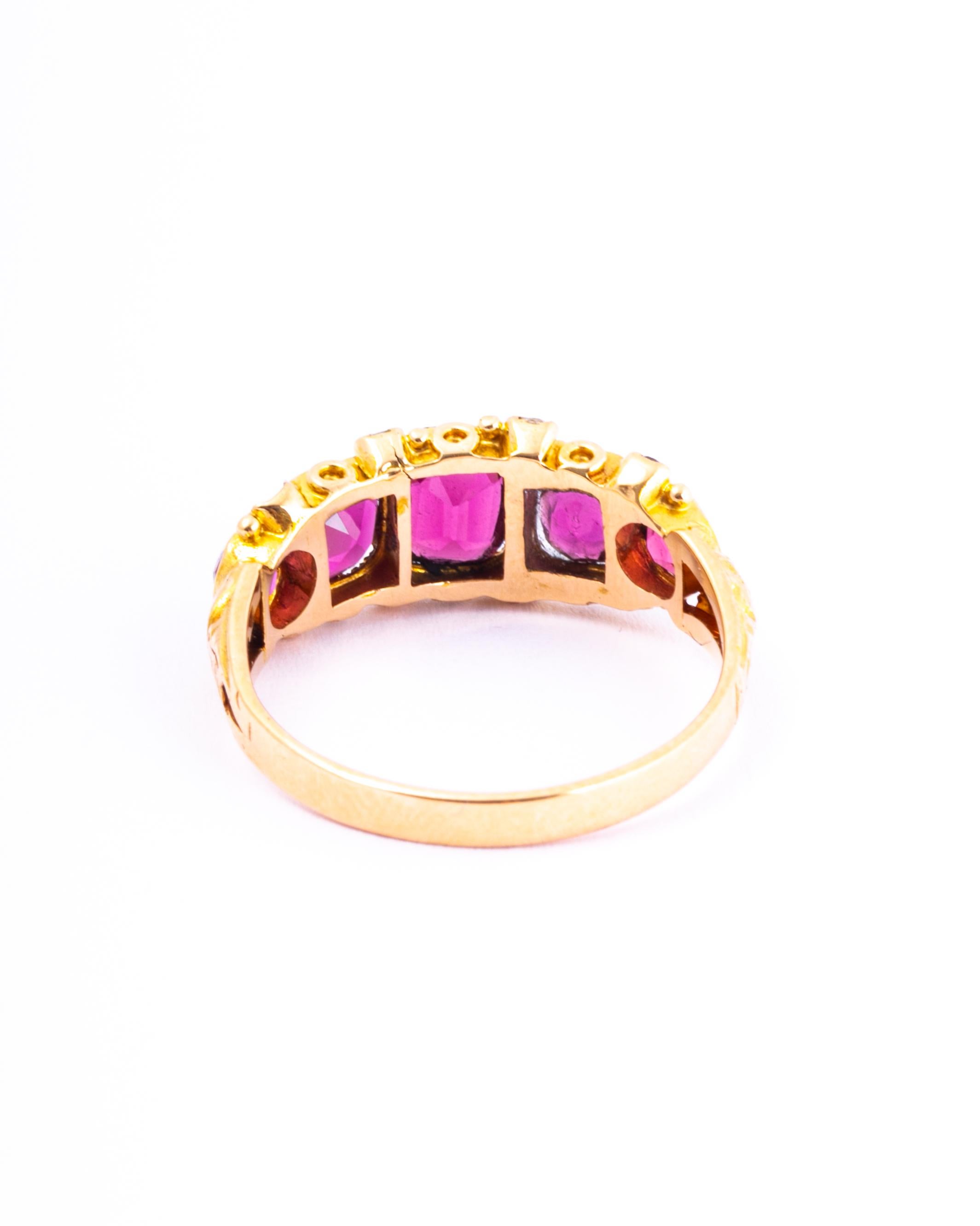 Rose Cut Edwardian Pink Tourmaline and Diamond 15 Carat Gold Five-Stone Ring