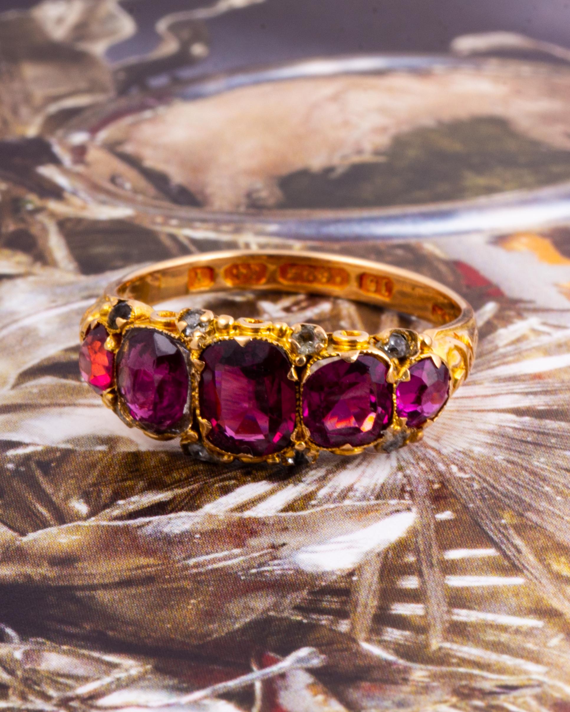 Edwardian Pink Tourmaline and Diamond 15 Carat Gold Five-Stone Ring In Good Condition In Chipping Campden, GB