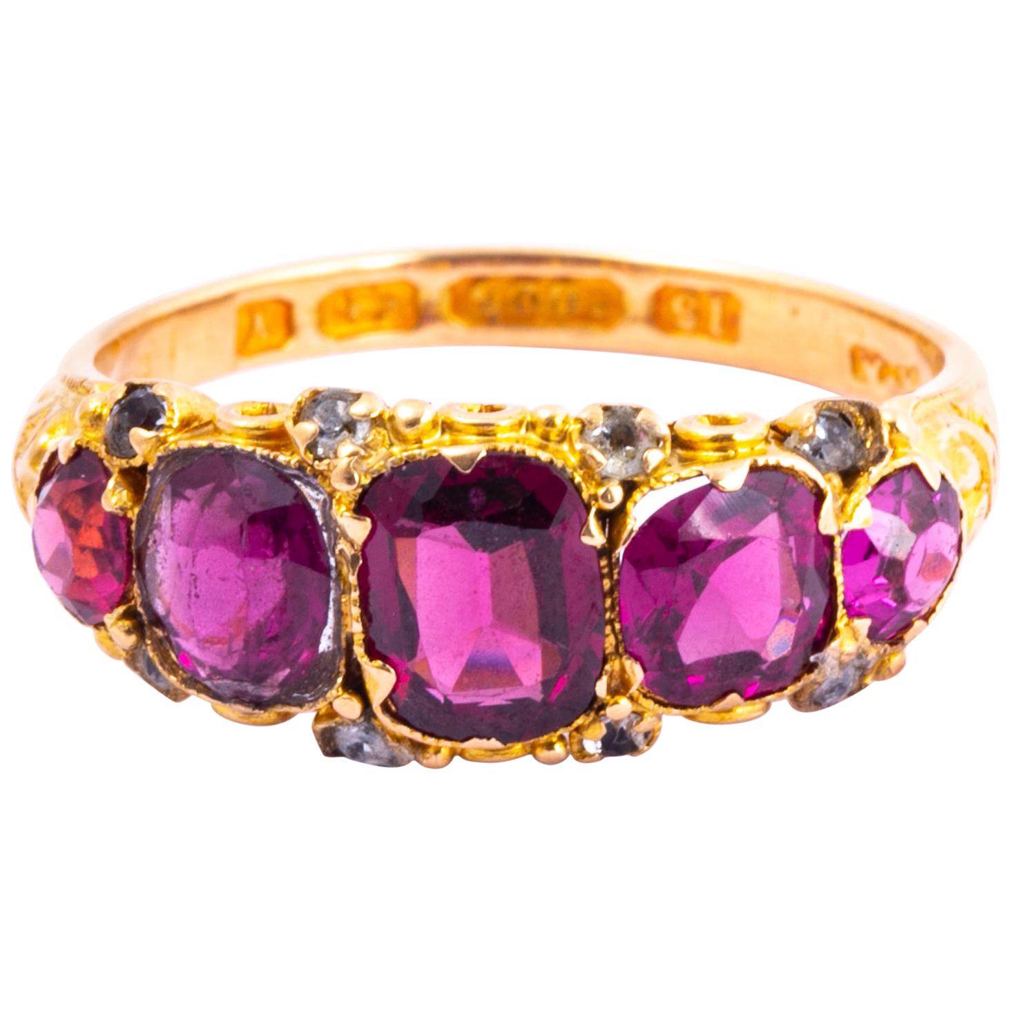 Edwardian Pink Tourmaline and Diamond 15 Carat Gold Five-Stone Ring