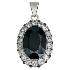 Edwardian Platinum ~10 Carat Sapphire Old Cut Diamond Oval Cluster Pendant