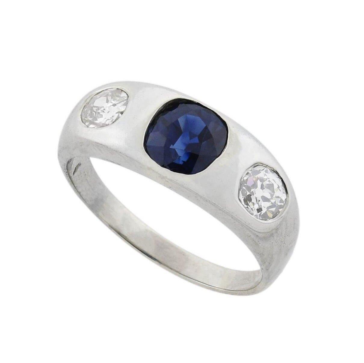 Old Mine Cut Edwardian Platinum 1.00 Carat Sapphire and Diamond 3-Stone Ring For Sale
