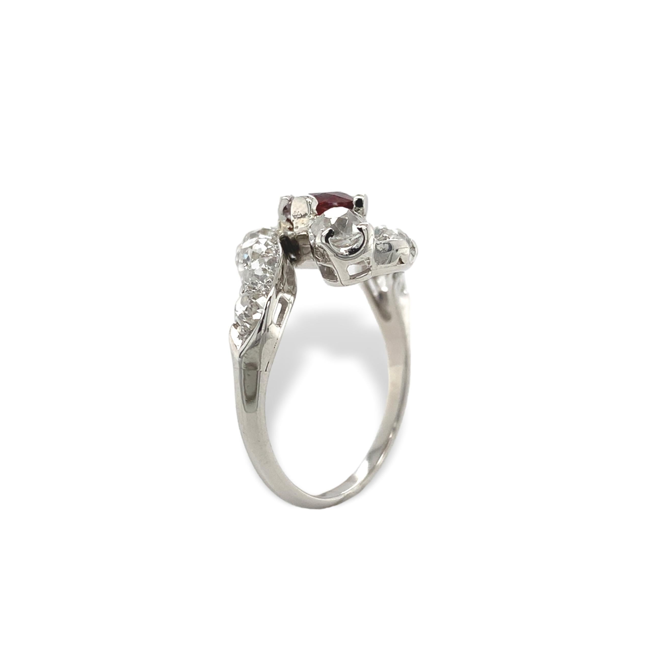Old Mine Cut Edwardian Platinum 1.29 carat Red Spinel and 1.75 carat tw Mine Cut Diamond Ring For Sale