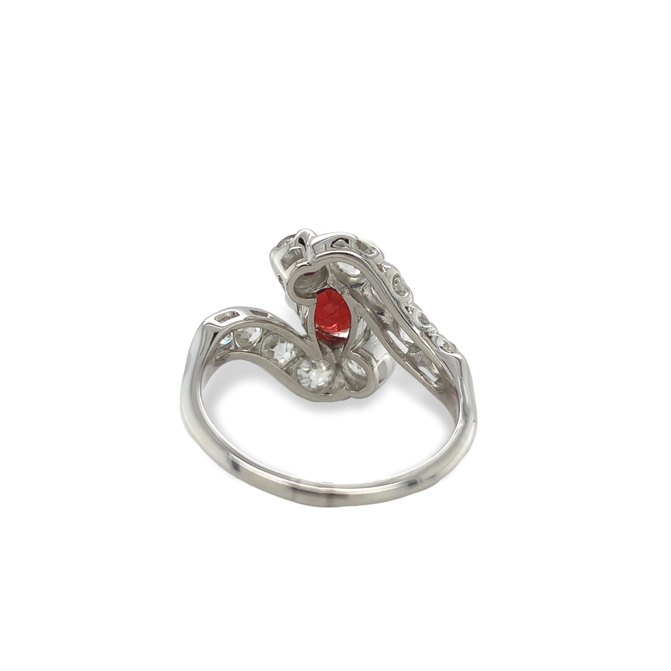 Women's Edwardian Platinum 1.29 carat Red Spinel and 1.75 carat tw Mine Cut Diamond Ring For Sale