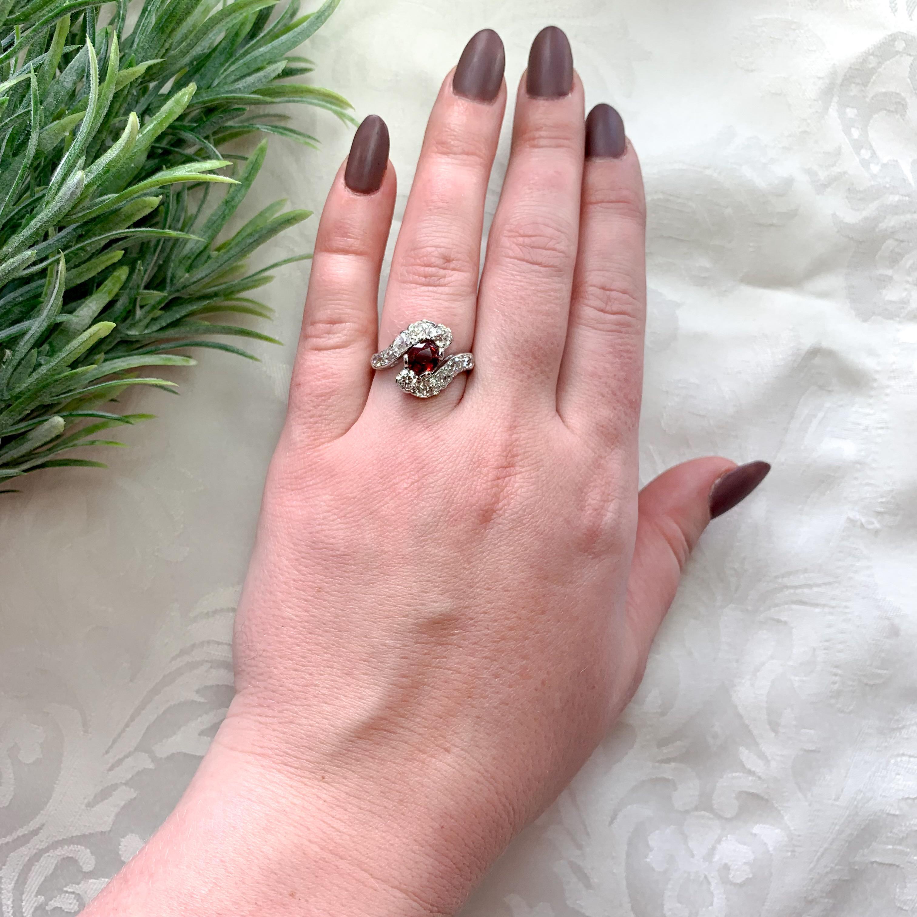 Edwardian Platinum 1.29 carat Red Spinel and 1.75 carat tw Mine Cut Diamond Ring For Sale 1