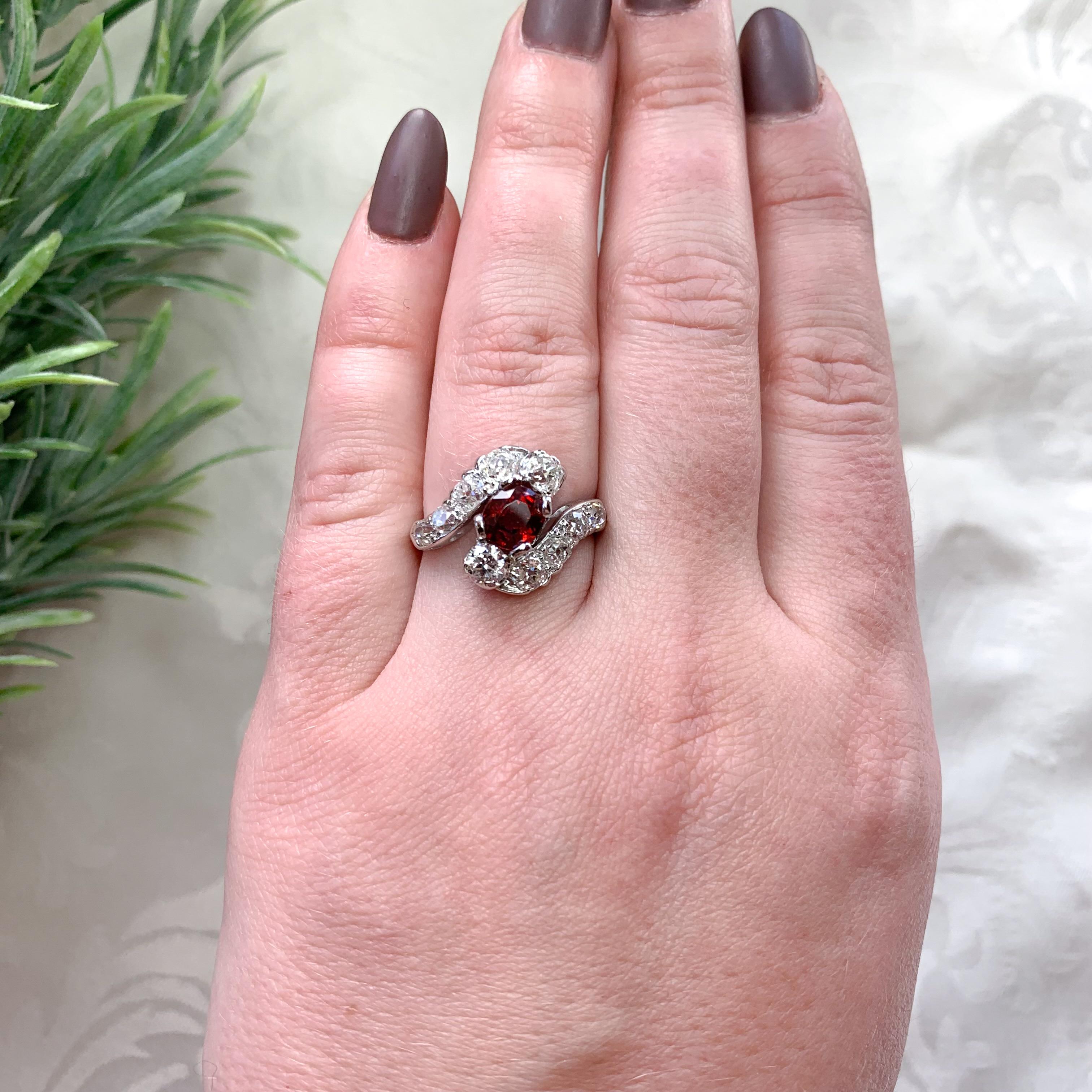 Edwardian Platinum 1.29 carat Red Spinel and 1.75 carat tw Mine Cut Diamond Ring For Sale 2