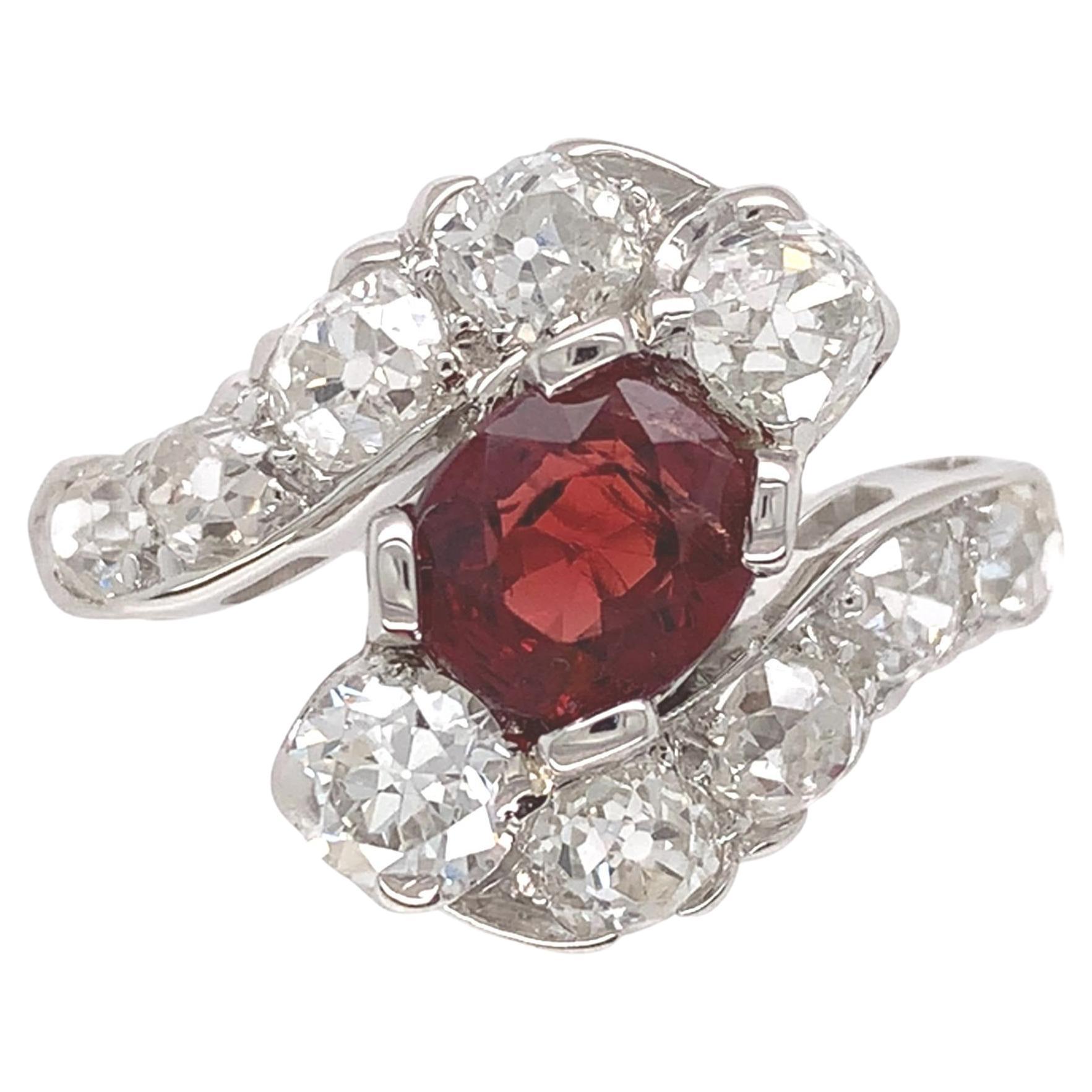 Edwardian Platinum 1.29 carat Red Spinel and 1.75 carat tw Mine Cut Diamond Ring For Sale