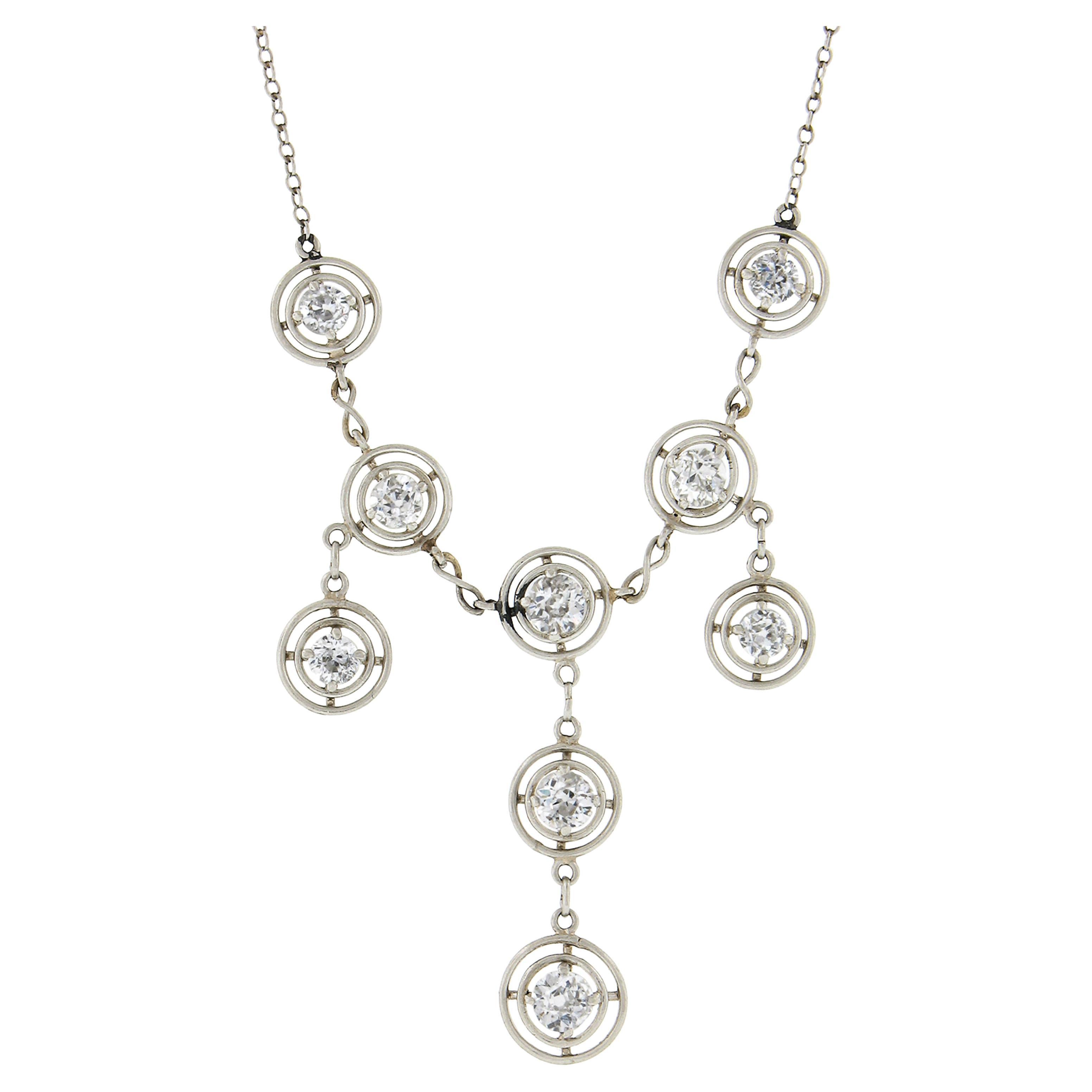 Edwardianische Platin-Halskette, 1,30 Karat Diamant-Kronleuchter Target, Hängeleuchter 16,25" Halskette im Angebot