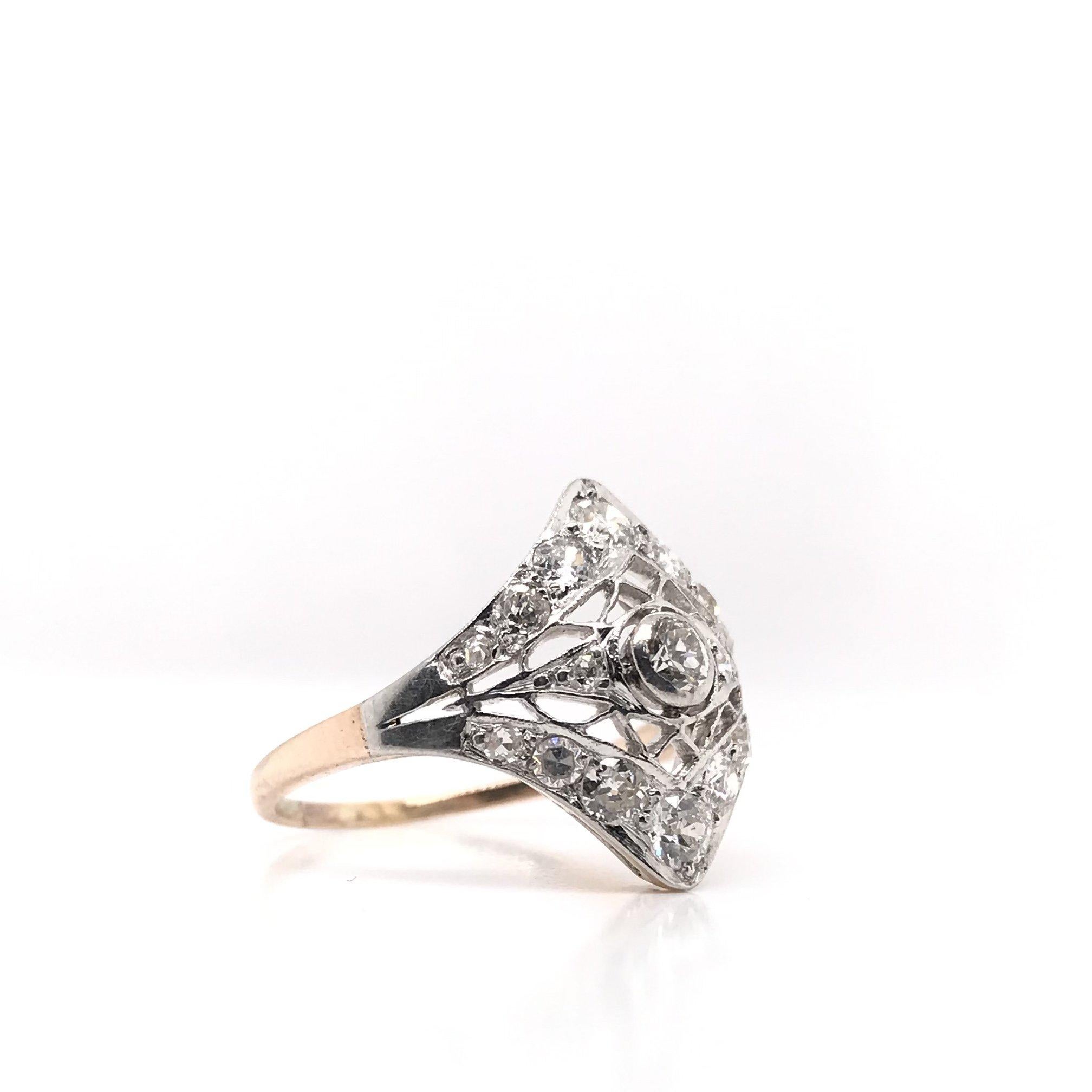 Edwardian Platinum and 14 Karat Gold Diamond Cocktail Ring In Good Condition In Montgomery, AL
