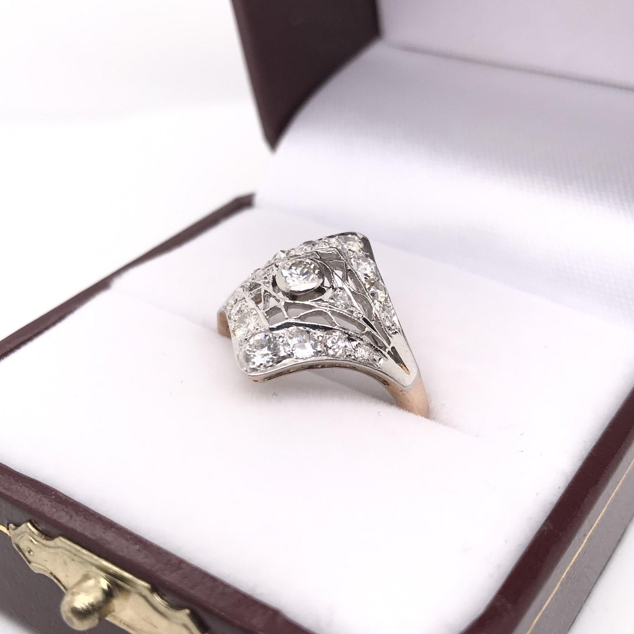 Women's Edwardian Platinum and 14 Karat Gold Diamond Cocktail Ring