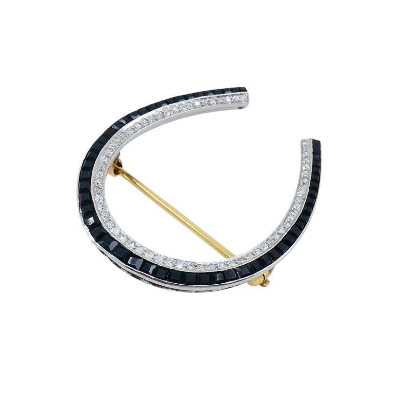 French Cut Edwardian Platinum 14k Gold Diamond Onyx Horseshoe Pin Brooch For Sale