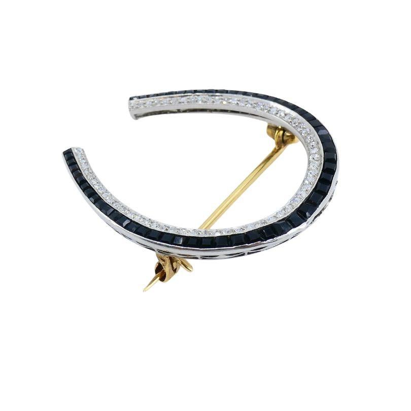 Edwardian Platinum 14k Gold Diamond Onyx Horseshoe Pin Brooch In Good Condition For Sale In Beverly Hills, CA