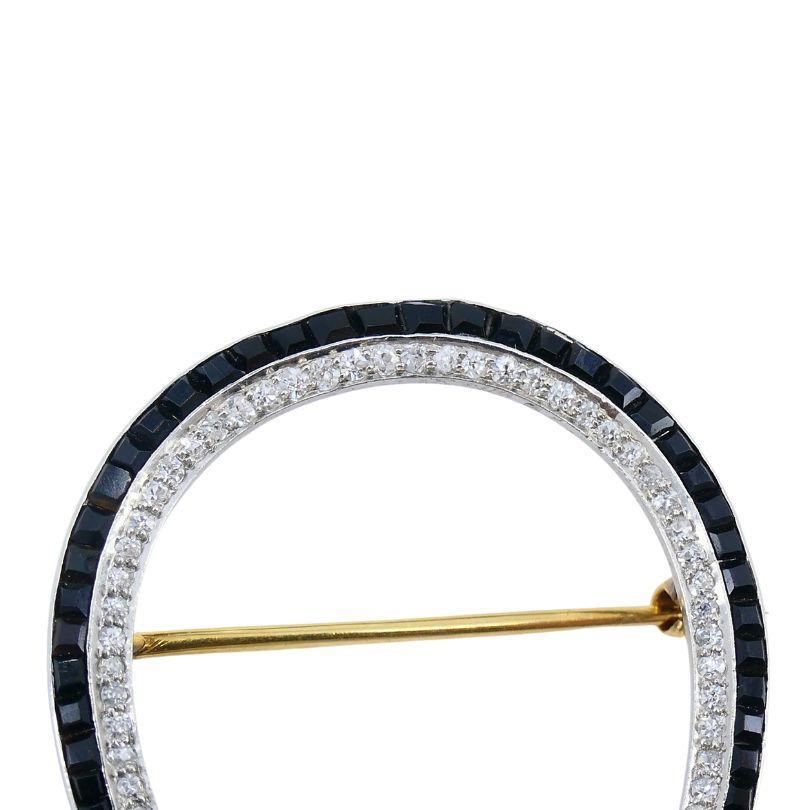 Women's or Men's Edwardian Platinum 14k Gold Diamond Onyx Horseshoe Pin Brooch For Sale