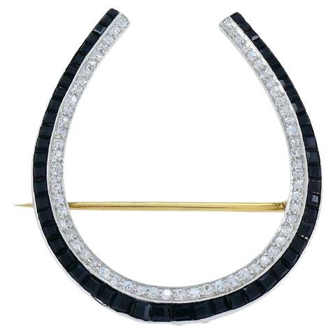 Edwardian Platinum 14k Gold Diamond Onyx Horseshoe Pin Brooch For Sale