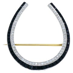 Anstecknadelbrosche Hufeisen aus edwardianischem Platin 14k Gold mit Diamanten und Onyx