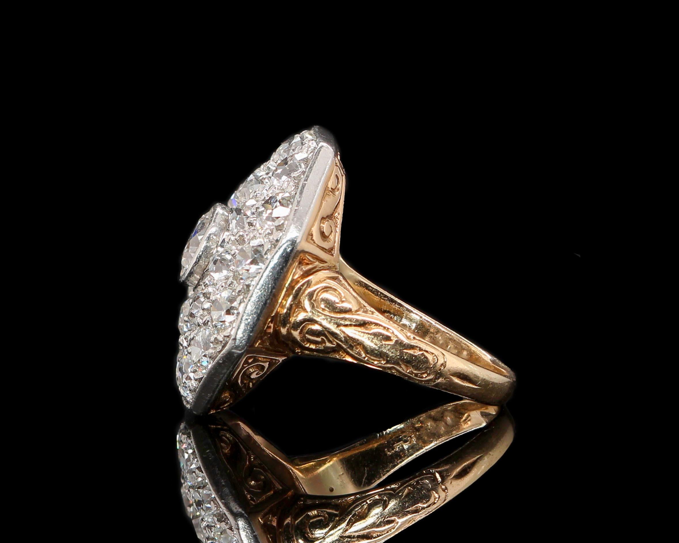 Edwardian Platinum & 14K Octagonal Old Cut Diamond Engagement Ring In Good Condition For Sale In San Francisco, CA