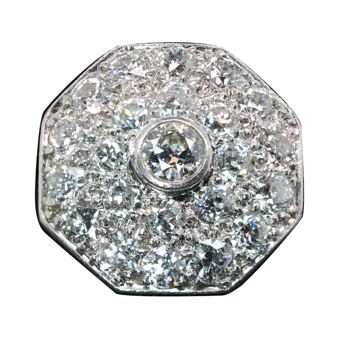 Edwardianischer Platin & 14K achteckiger Diamant Verlobungsring mit altem Schliff