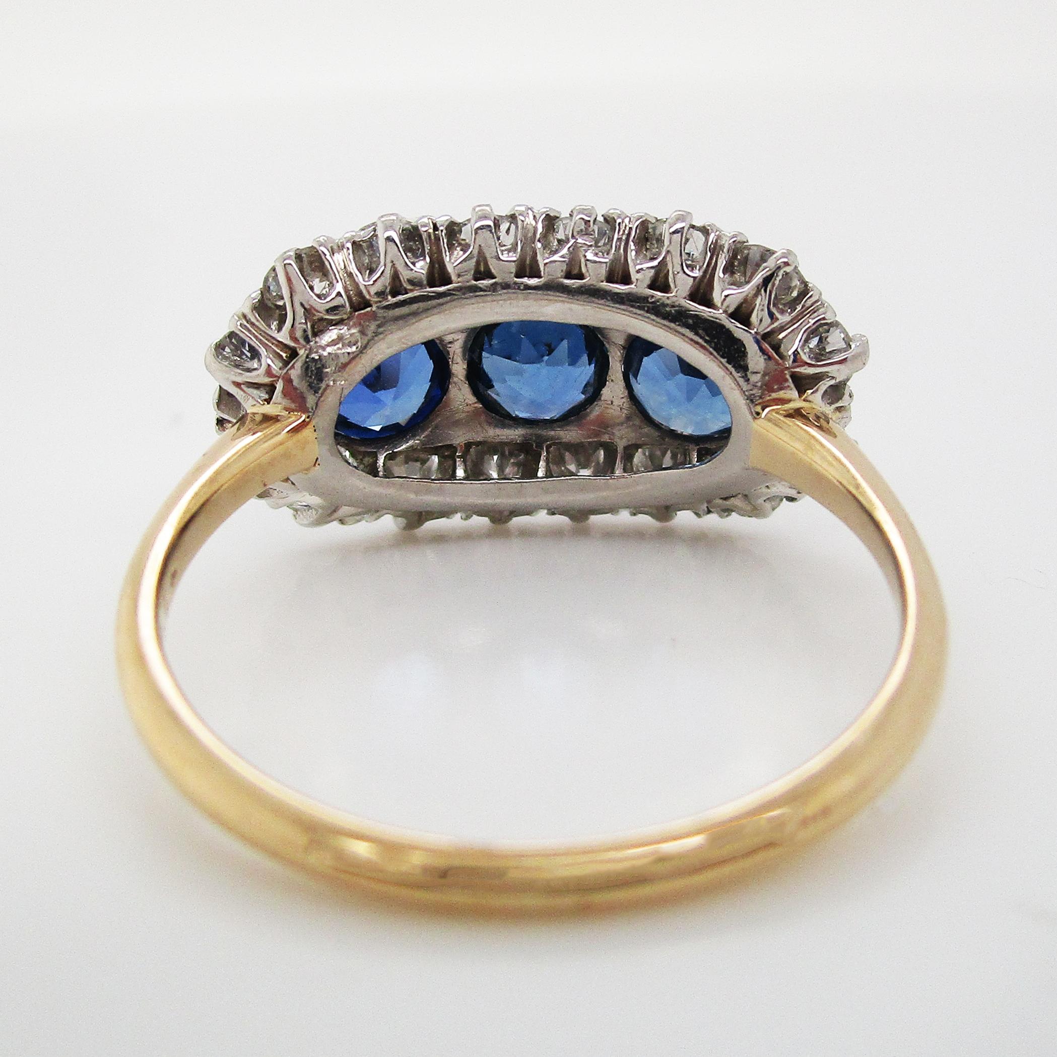 Edwardian Platinum 14 Karat Yellow Gold Diamond Sapphire Three-Stone Ring 2