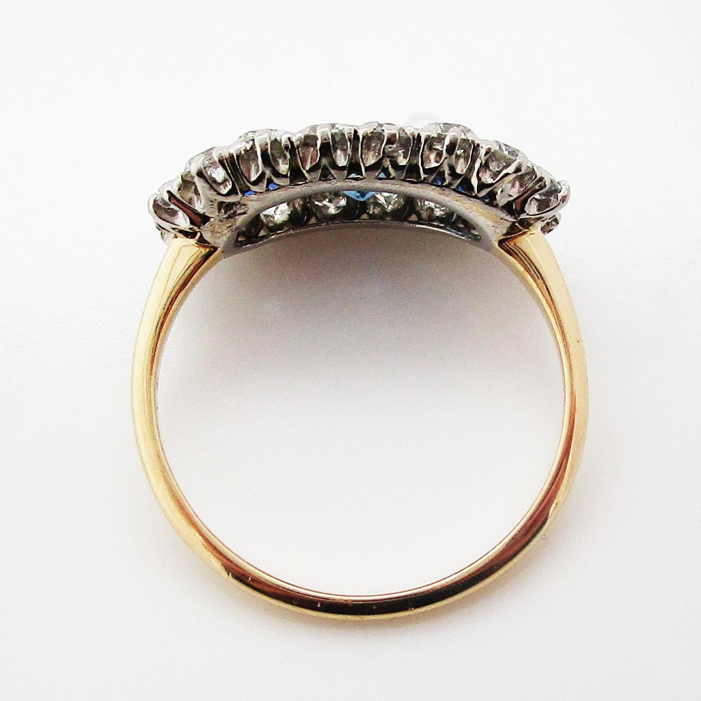 Edwardian Platinum 14 Karat Yellow Gold Diamond Sapphire Three-Stone Ring 3