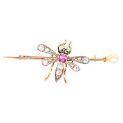 Edwardian Platinum 18ct Gold, Pink Sapphire, Diamond & Natural Pearl Bug brooch