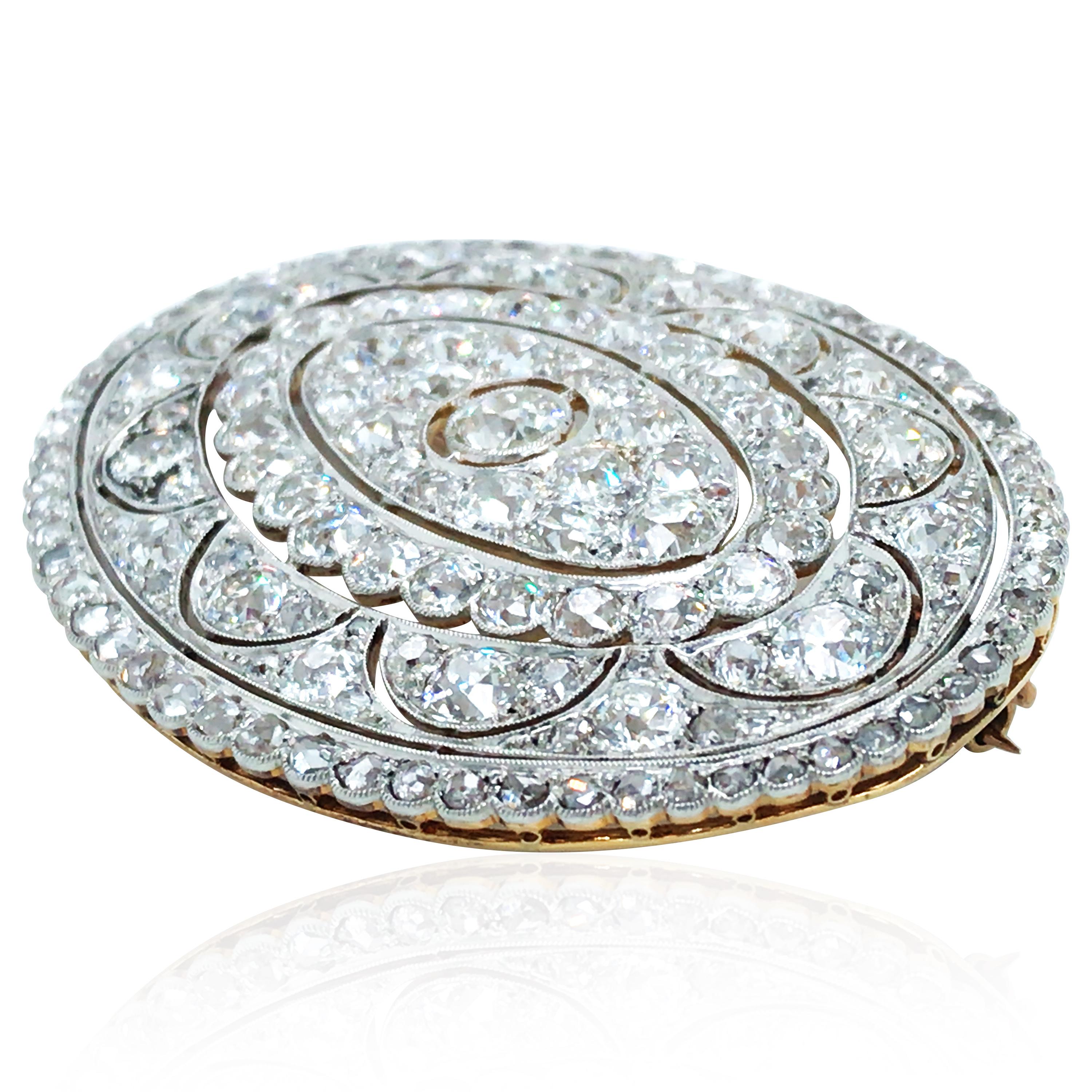 Old Mine Cut Edwardian Platinum 18K Gold Diamond Brooch For Sale