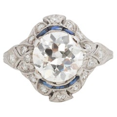 Antique Edwardian Platinum 2.34ct Old European Cut Diamond an Sapphire Engagement Ring