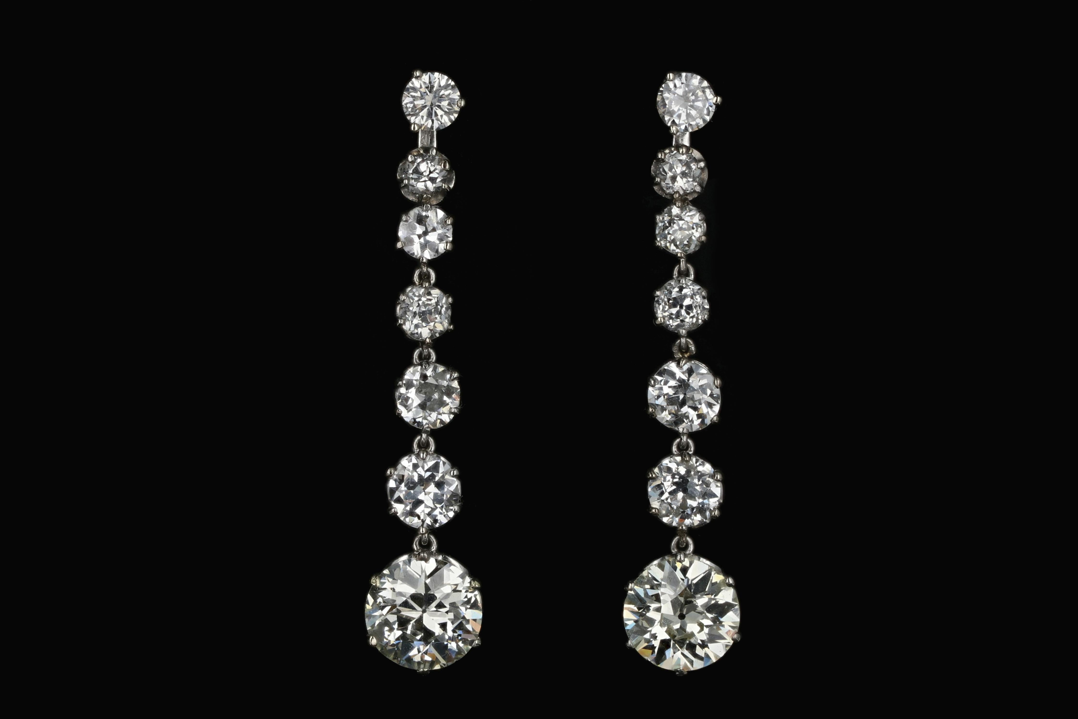 Era: Edwardian

Composition: Platinum 

Earring Jacket (1) Primary Stone: Old European Cut Diamond

Primary Stone Carat Weight: 2.19

Color/ Clarity: L / VS2

Accent Diamond Carat Weight/ Color/Clarity: .66 Carats /  I/ I1

Accent Diamond Carat